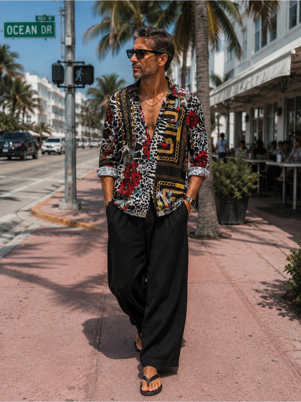 REASON Black, Red & Gold Mixed Print Button-Up Luxury Glam Excellent Condition